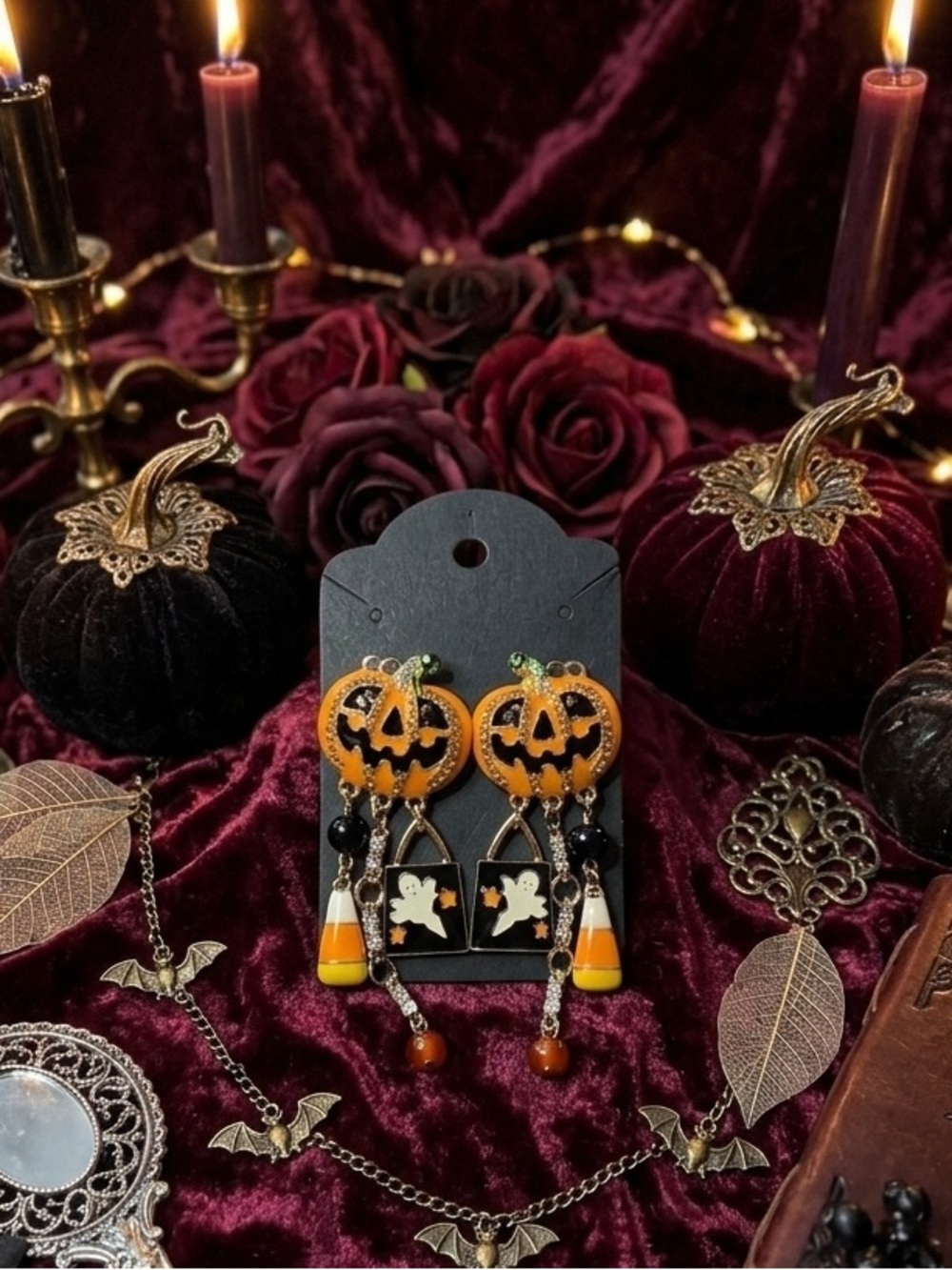 Halloween Pumpkin & Ghost Drop Earrings - Orange